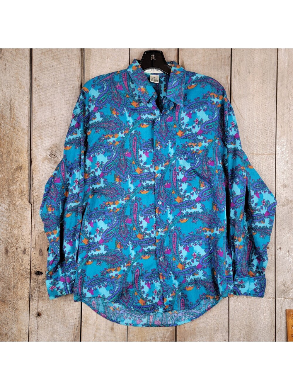 Vintage POLICY Disco Multicolor Dress Shirt Long Sleeve Button Down Boho Size M